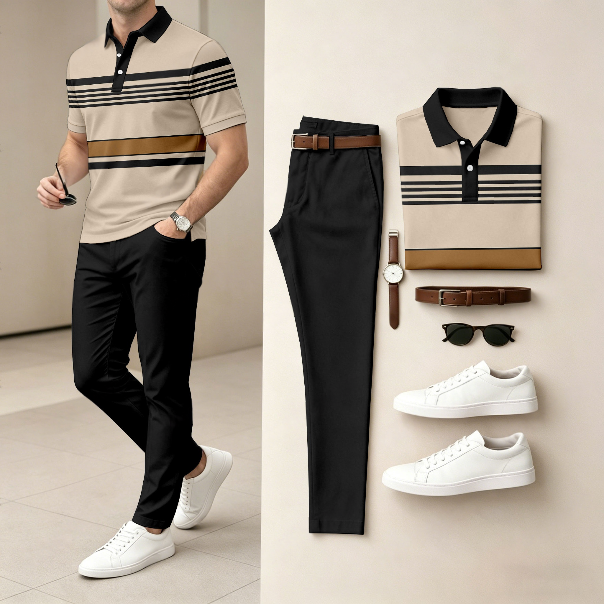 Men's Casual Printed Polo Shirt And Pants Two-Piece Set