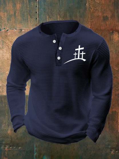 Men's Faith Cross Print Henley Collar Shirt