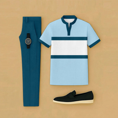 Men's Casual Blue & White Color Matching Striped Printed Short Sleeved Henry Collar T-Shirt & Trousers Two-Piece Set