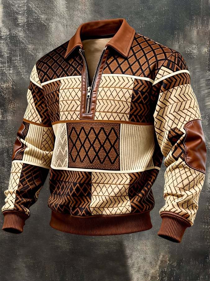 Men's Retro Color Block Print Color-Blocked Zip-Up Sweatshirt