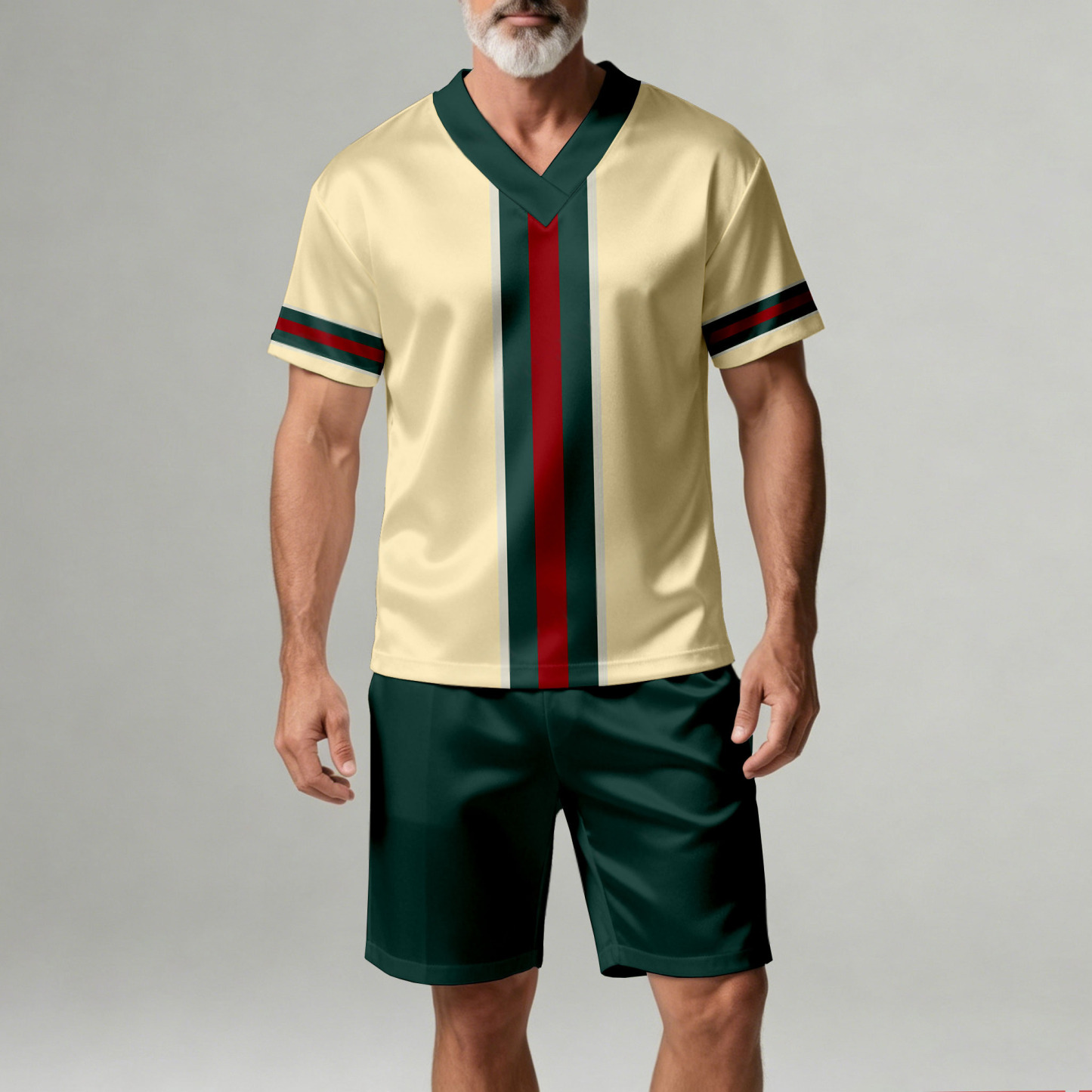 Men's Casual Off White Geometric Print V-Neck Short-Sleeve T-Shirt And Shorts Two-Piece Set
