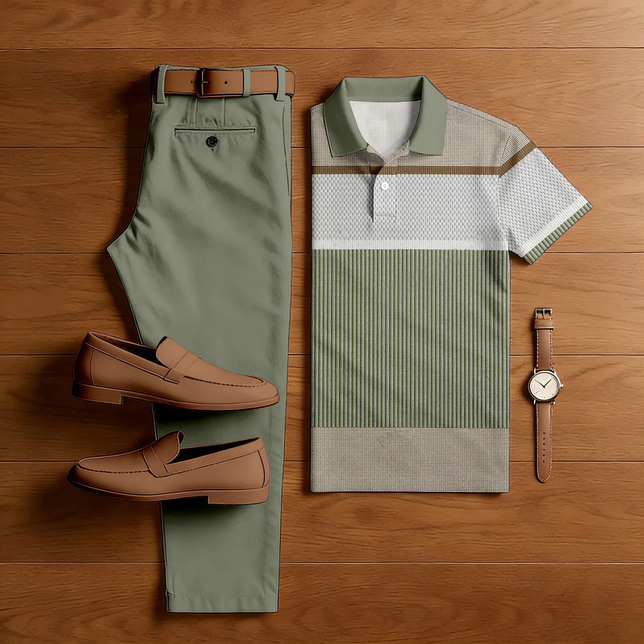 Men's Casual Army Green & Khaki Color Matching Striped Printed Short Sleeved Polo Shirt & Trousers Two-Piece Set