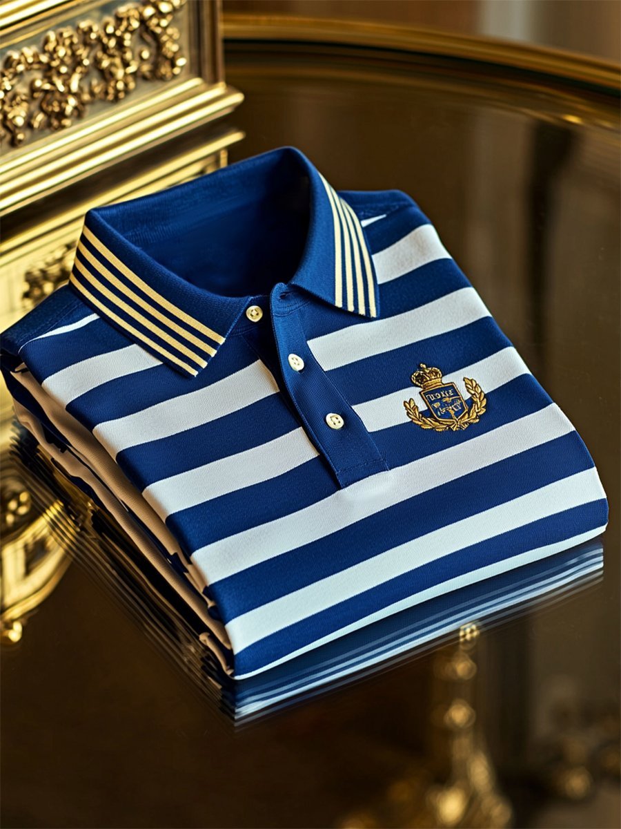 Men's Business Casual Striped Logo Button Short Sleeve Polo Shirt