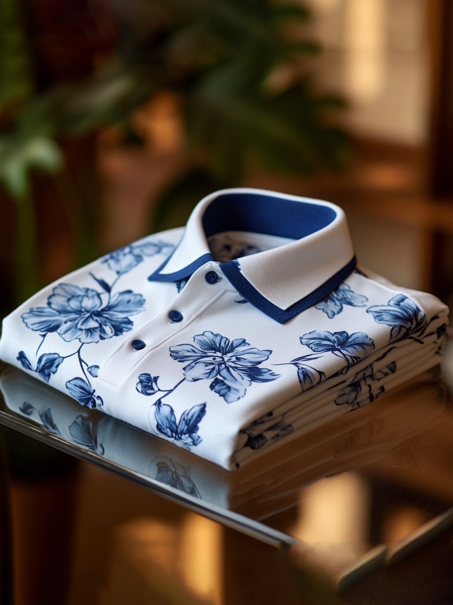 Men's Business Casual Jacquard Button Short Sleeve Polo Shirt