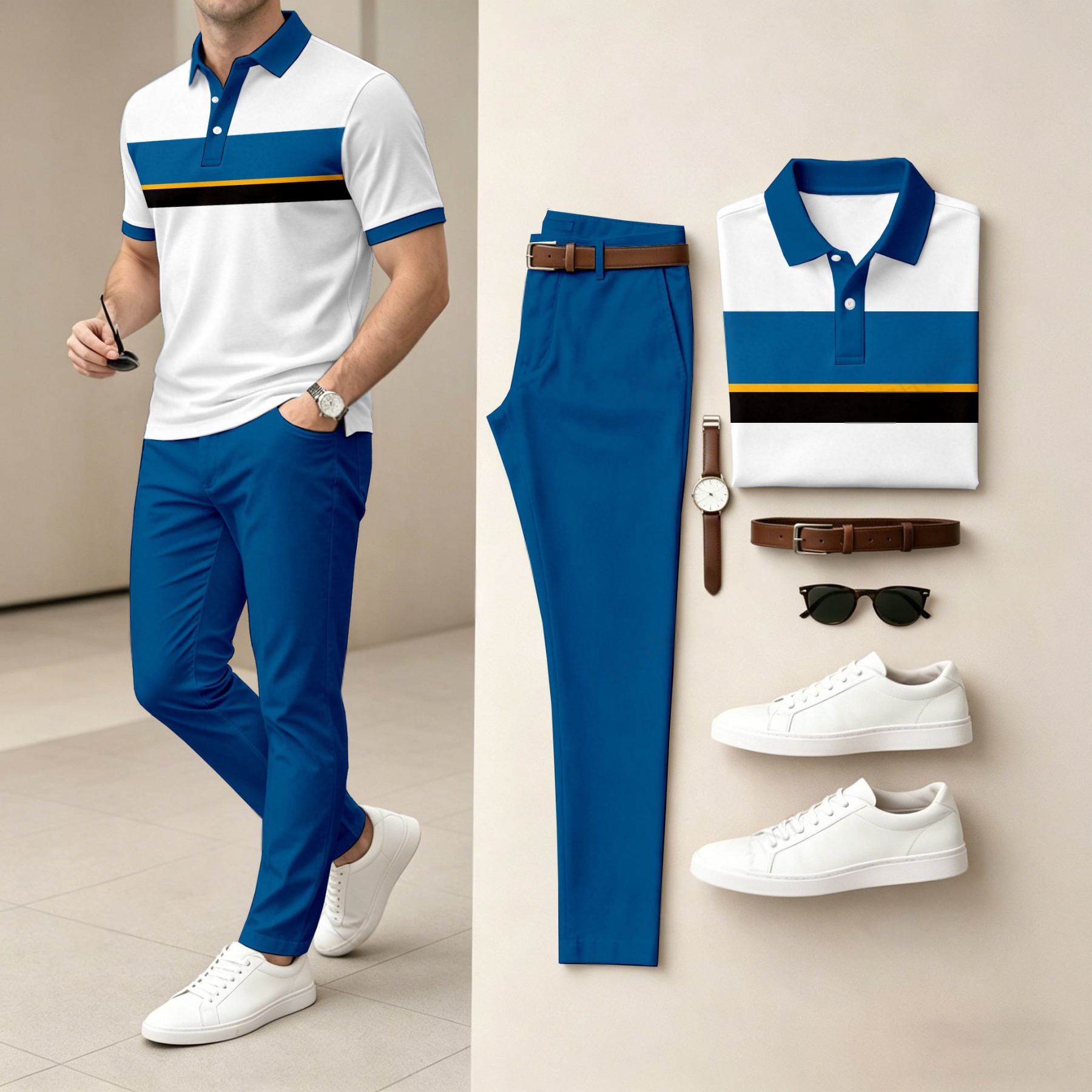 Men's Casual Blue Geometry Printed Polo Shirt And Pants Two-Piece Set