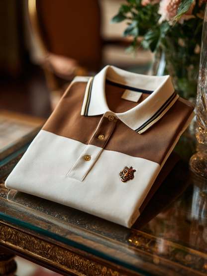 Men's Classic Business Check Logo Button Short Sleeve Polo Shirt