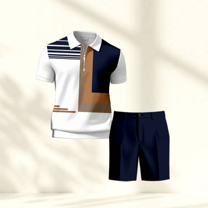 Men's Casual Khaki Geometry Printed Polo Shirt And Pants Two-Piece Set