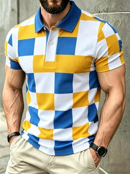 Men's Classic Business Check Logo Button Short Sleeve Polo Shirt