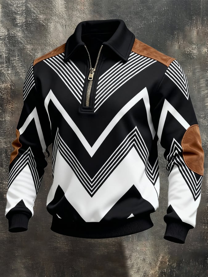 Men's Retro Color Block Print Zipper Sweatshirt