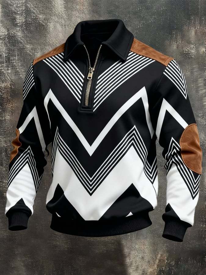 Men's Retro Color Block Print Zipper Sweatshirt