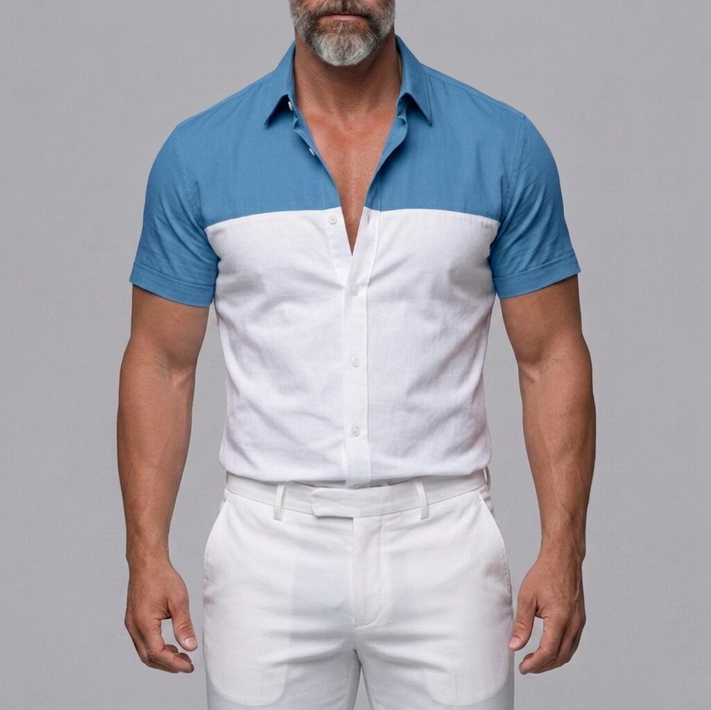 Men's Casual Colorblock Single Breasted Slim Fit Short Sleeve Shirt