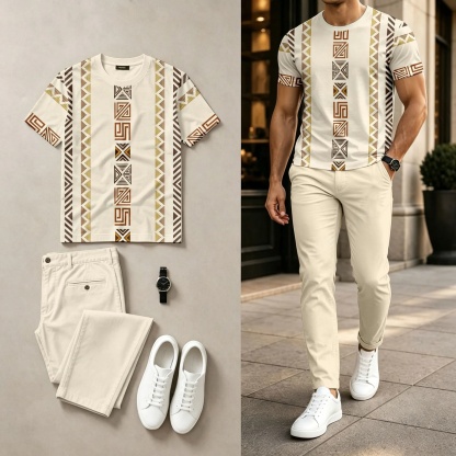 Men's Casual Geometric Print Round-Neck Short-Sleeve Top And Pants Two-Piece Set