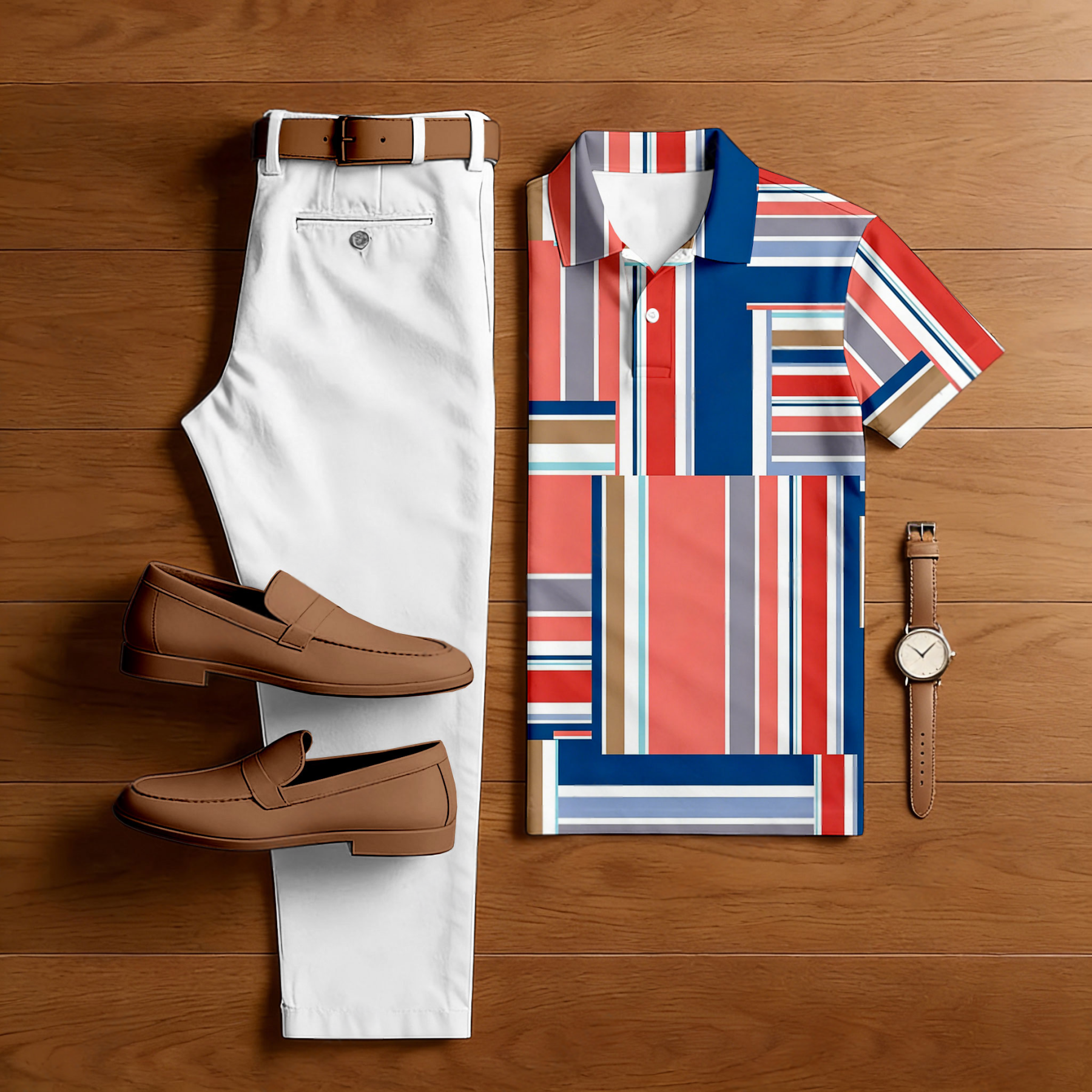 Men's Casual Pink & White Color Matching Geometric Printed Short Sleeved Polo Shirt & Trousers Two-Piece Set