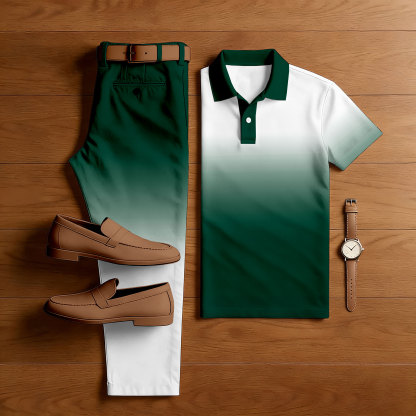 Men's Casual Green & White Color Matching Gradient Printed Short Sleeved Polo Shirt & Trousers Two-Piece Set
