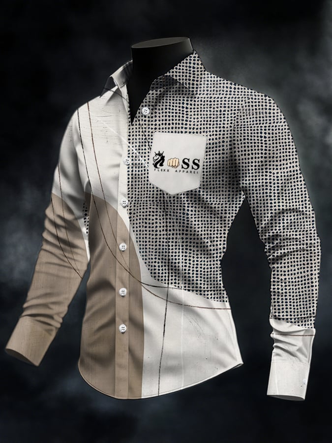 Men's Retro Letter Design Printed Business Long Sleeve Pocket Shirt