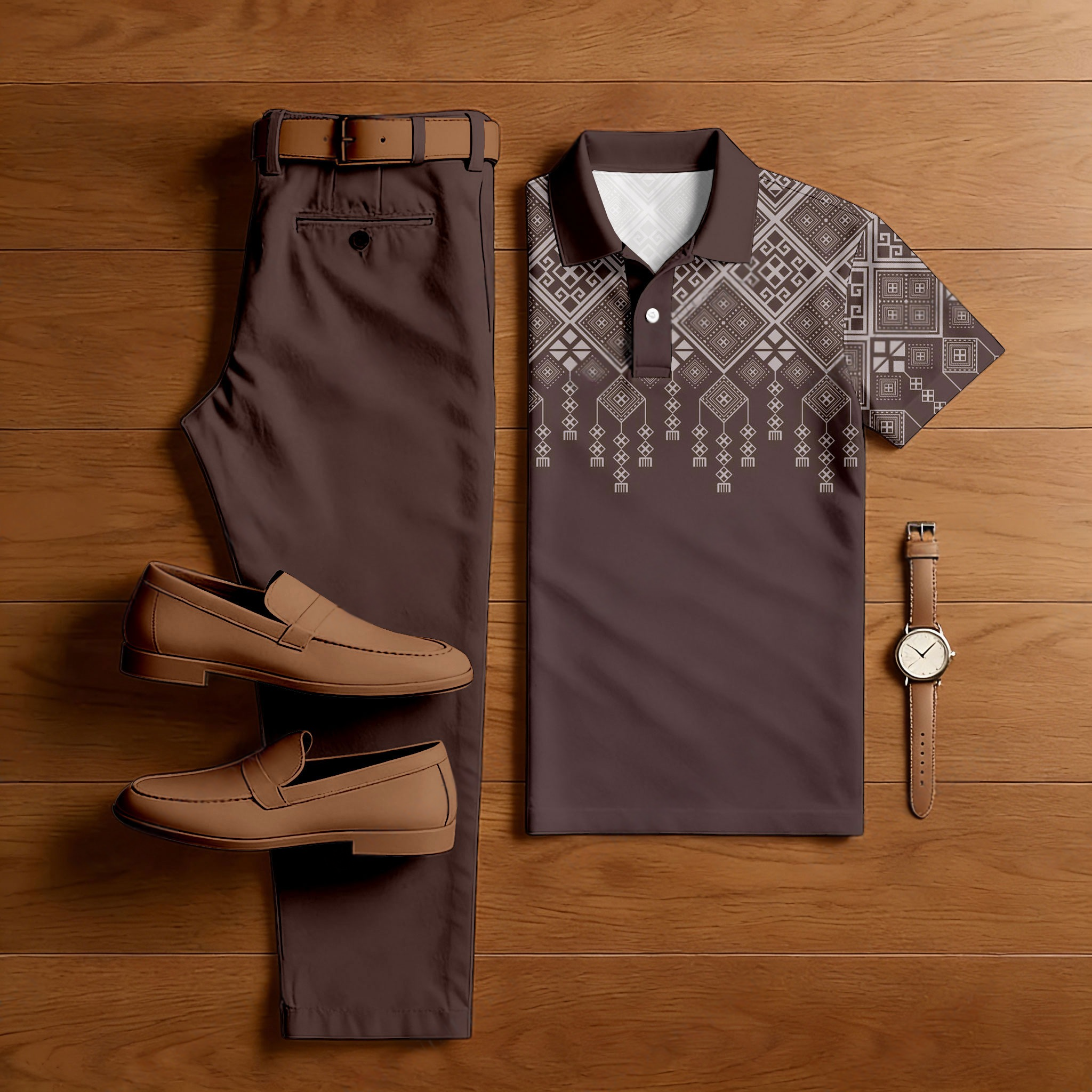 Men's Casual Red Coffee Color Matching Retro Style Printed Short Sleeved Polo Shirt & Trousers Two-Piece Set