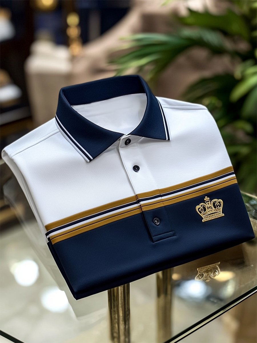 Men's Casual Business Stripe Print Button-Down Short Sleeve Polo Shirt