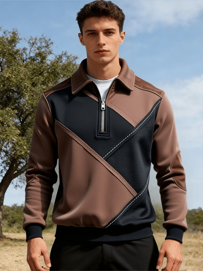 Men's Retro Color Block Print Color-Blocked Zip-Up Sweatshirt
