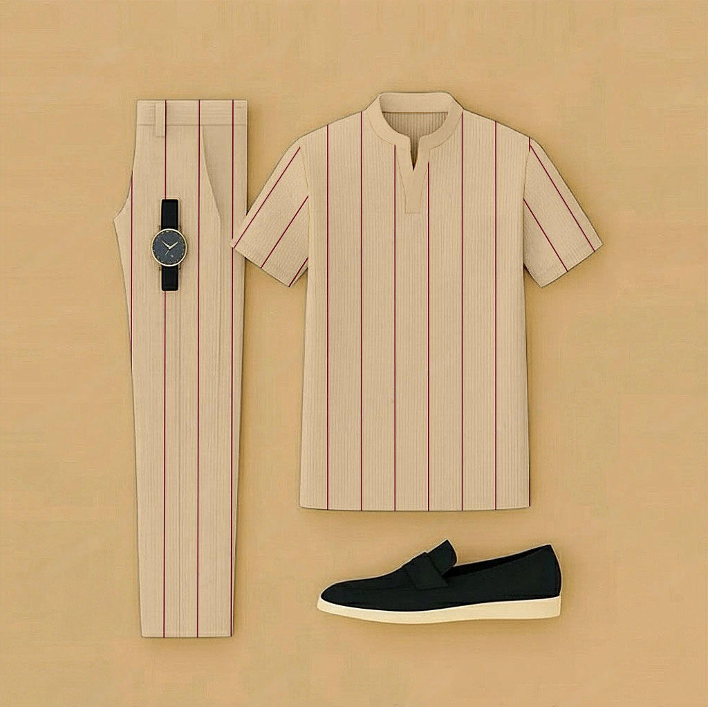 Men's Casual Khaki & Burundy Color Matching Striped Printed Short Sleeved Henry Collar T-Shirt & Trousers Two-Piece Set