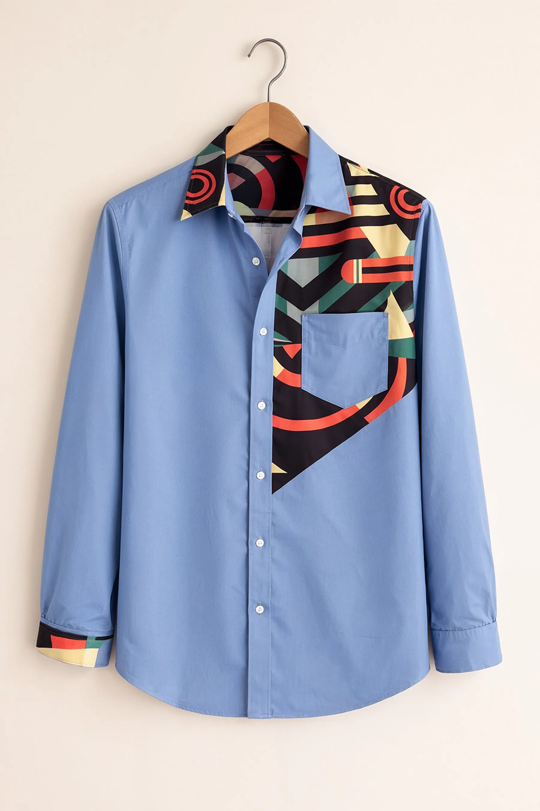 Geometric Contrast Panel Shirt – Sky Blue