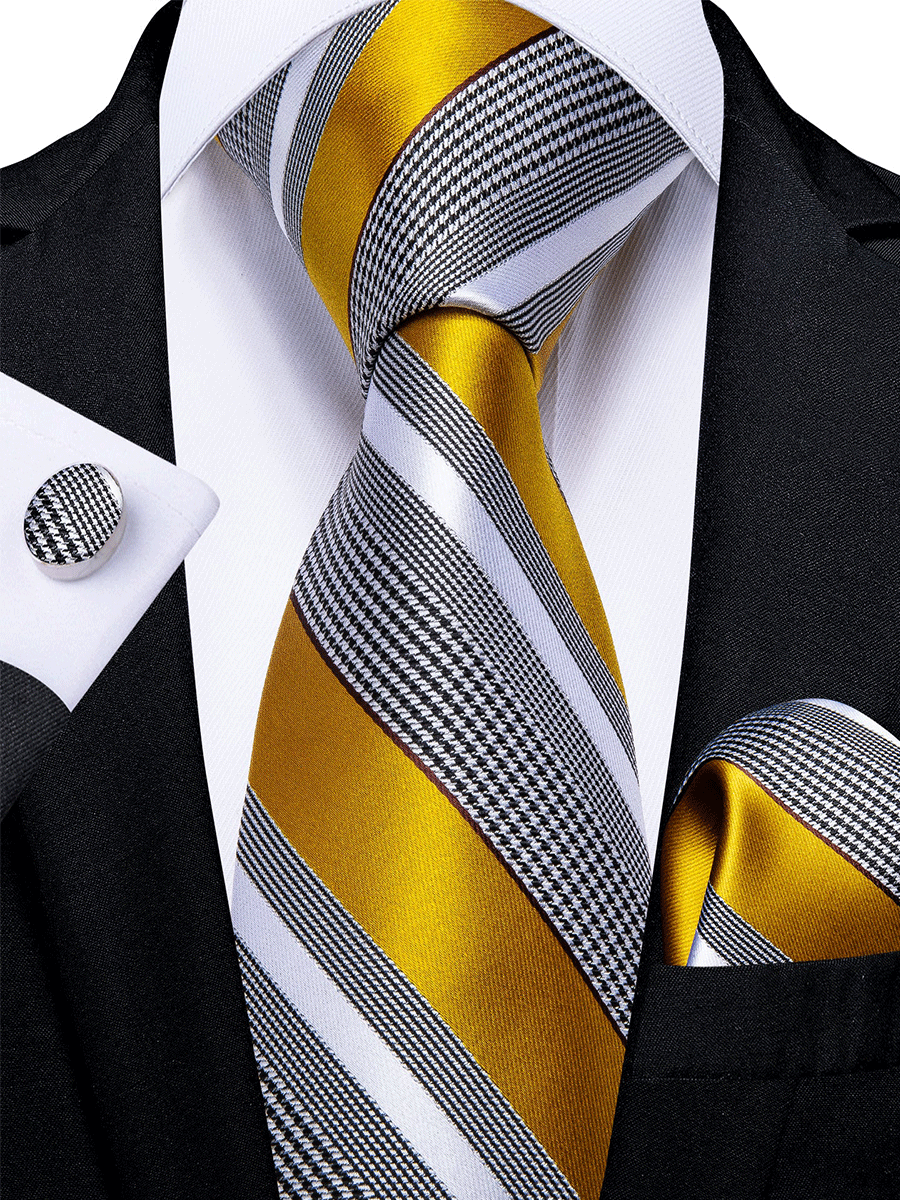 Men's Formal Work Tie Grey Yellow Striped Tie Pocket Square Cufflinks Set