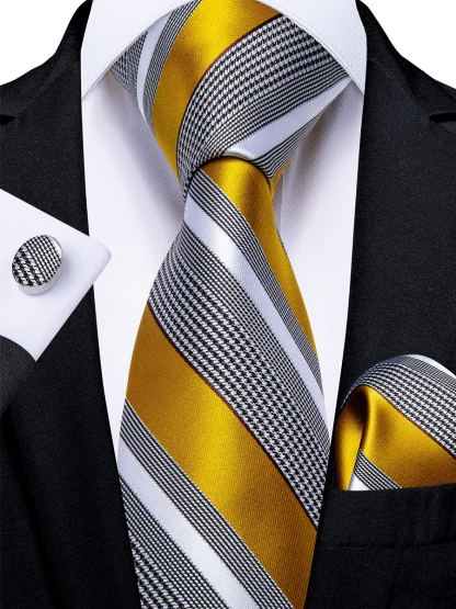 Men's Formal Work Tie Grey Yellow Striped Tie Pocket Square Cufflinks Set