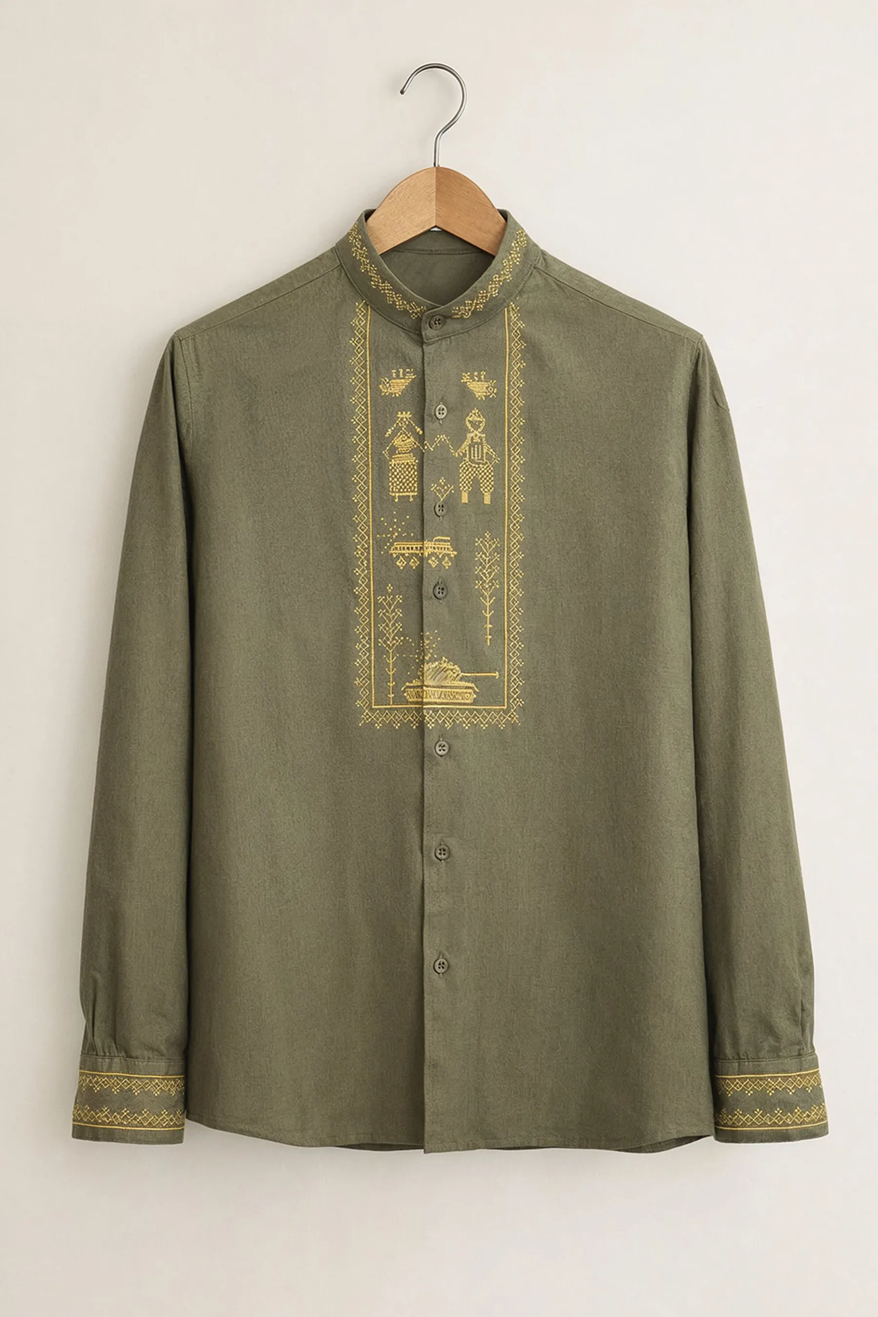 Tribal Embroidery Shirt – Olive Green