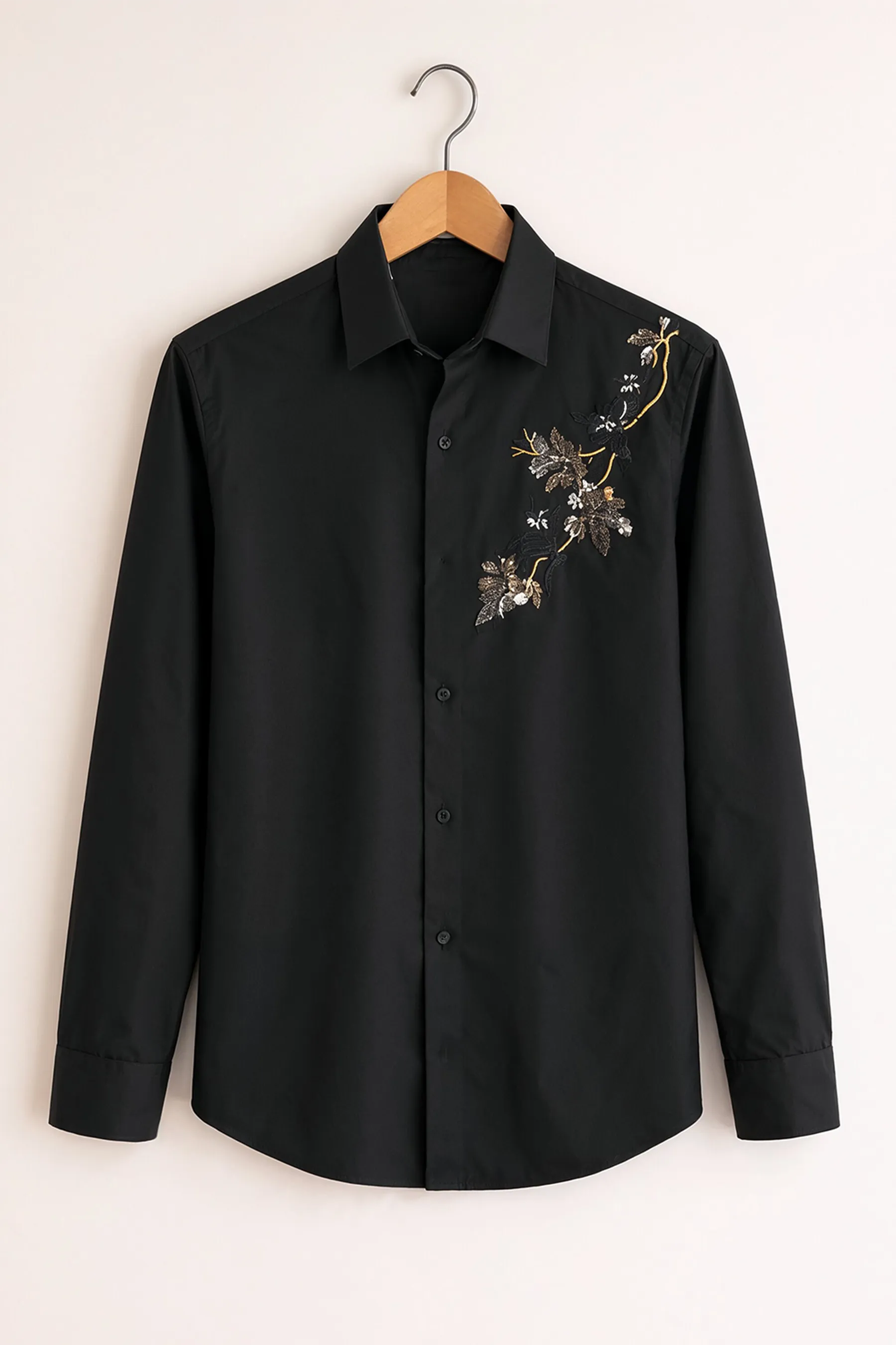 Embroidered Floral Accent Shirt – Black