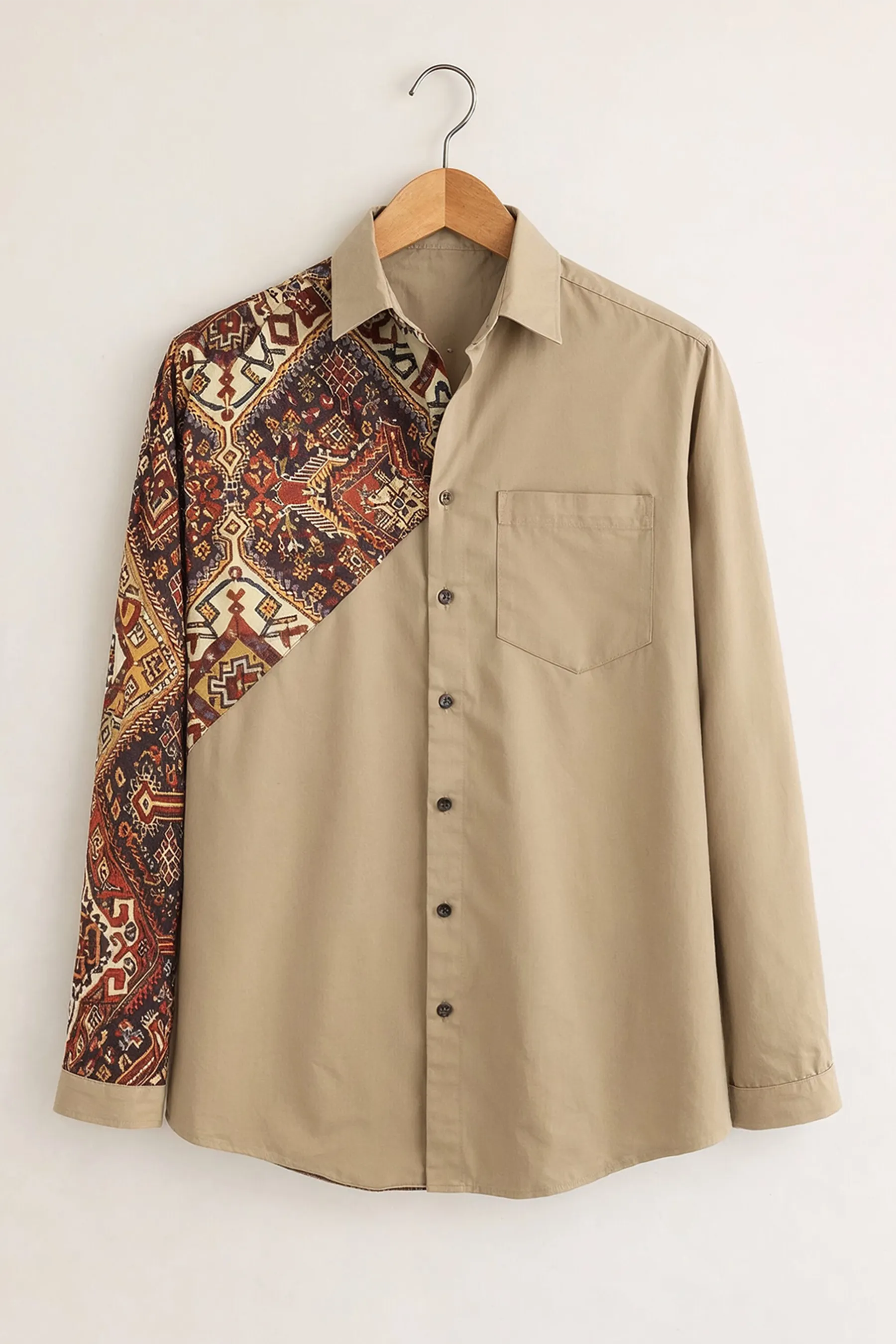 Tribal Patch Panel Shirt – Sand Beige