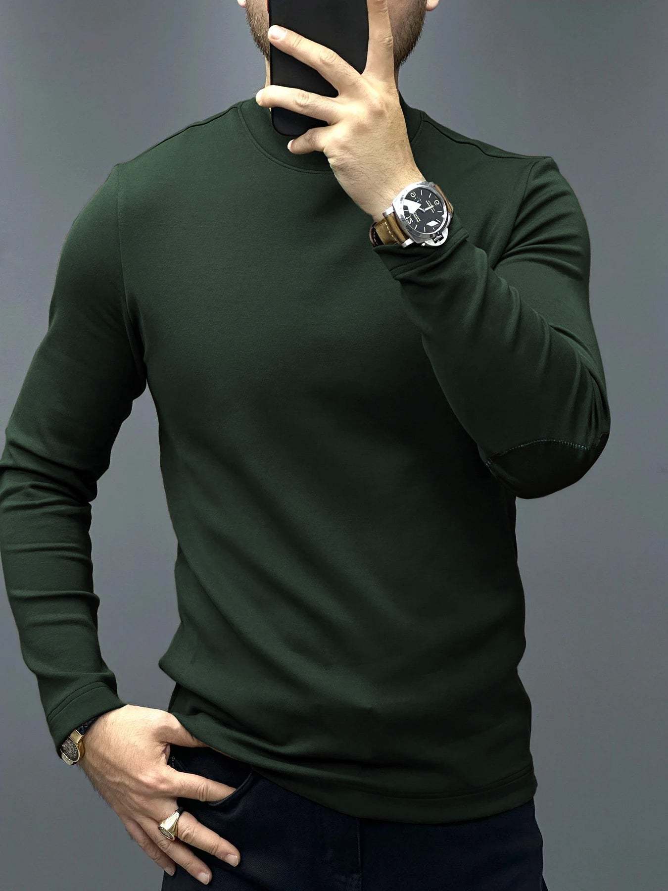 Modal Blend Elbow Patch Long Sleeve Tee:Slim Fit