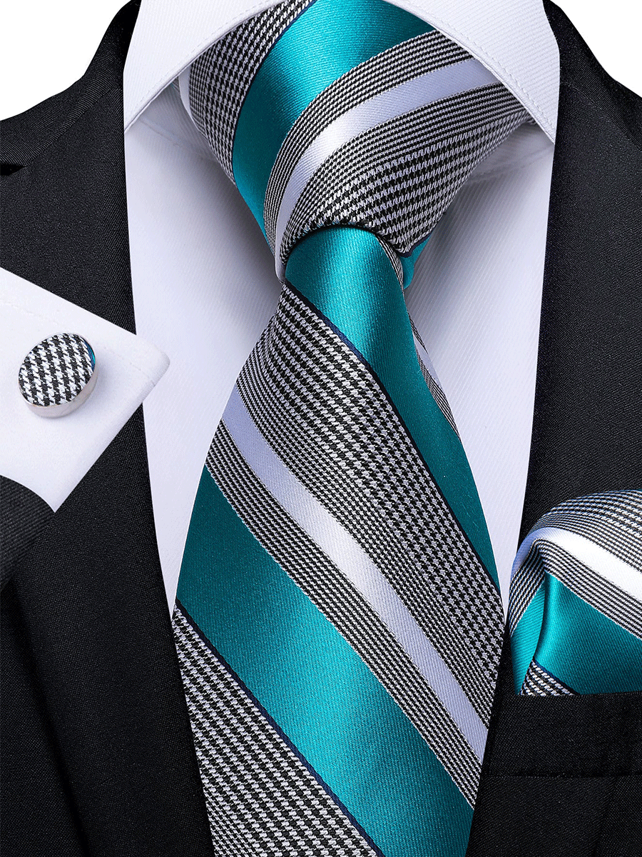 Men's Formal Work Tie Grey Yellow Striped Tie Pocket Square Cufflinks Set