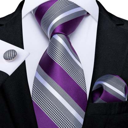 Men's Formal Work Tie Grey Yellow Striped Tie Pocket Square Cufflinks Set
