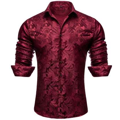 Men's Luxury Design Dark Red Paisley Long Sleeve  Shirt