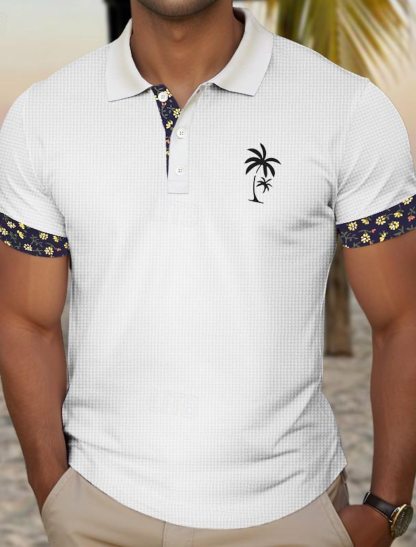 Men's Plaid Palm Tree Textured Golf Shirt Short Sleeve Polo Shirts