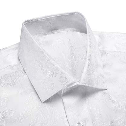 Men's Luxury White Jacquard Paisley Pattern Long Sleeve Shirt