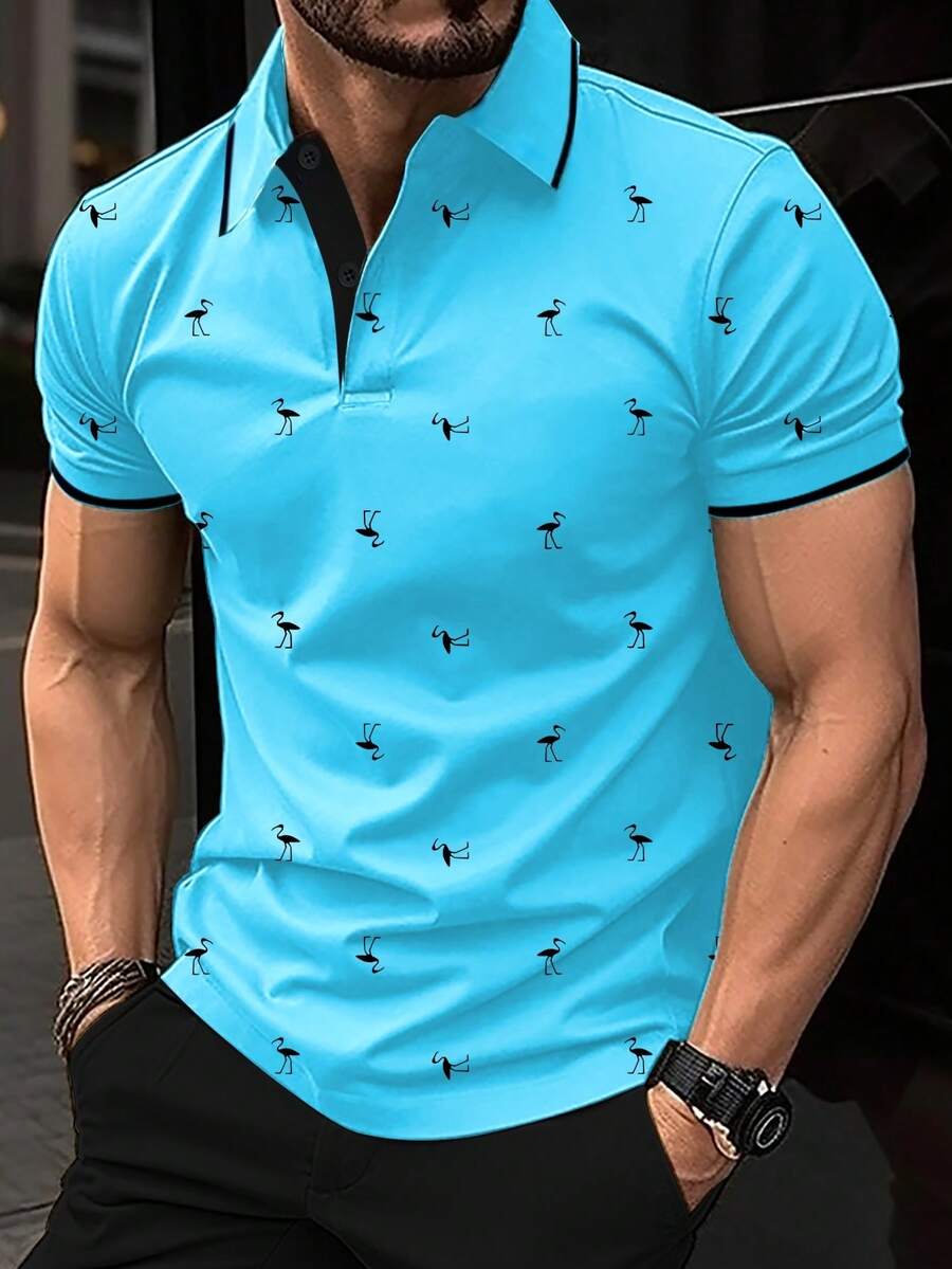 Men's Bird Print Contrast  Short Sleeve Polo Shirt