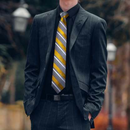 Men's Formal Work Tie Grey Yellow Striped Tie Pocket Square Cufflinks Set