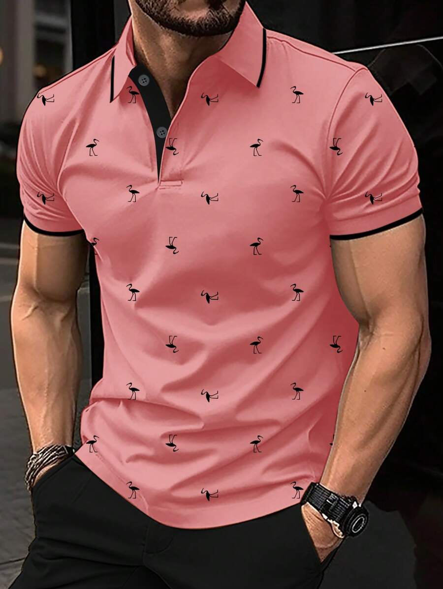 Men's Bird Print Contrast  Short Sleeve Polo Shirt