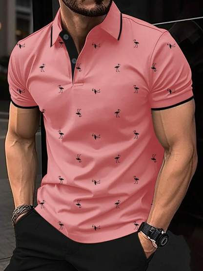 Men's Bird Print Contrast  Short Sleeve Polo Shirt