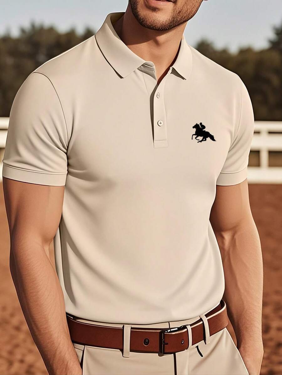 Men's Casual Horse Printed Solid Color Short Sleeve Polo Shirt