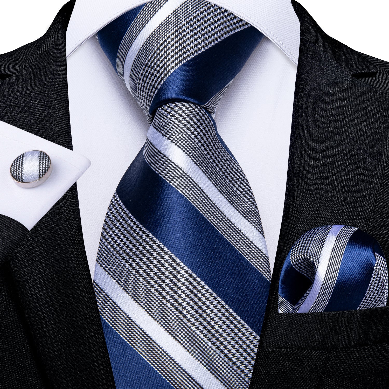 Men's Formal Work Tie Grey Yellow Striped Tie Pocket Square Cufflinks Set