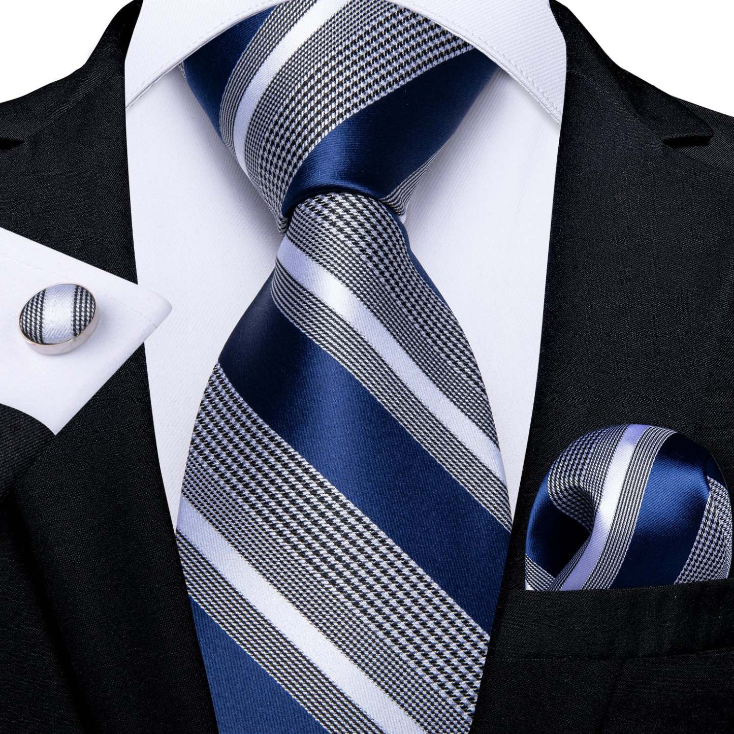 Men's Formal Work Tie Grey Yellow Striped Tie Pocket Square Cufflinks Set