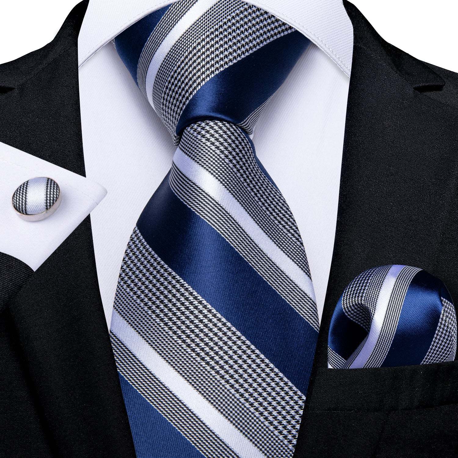 Men's Formal Work Tie Grey Yellow Striped Tie Pocket Square Cufflinks Set