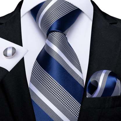 Men's Formal Work Tie Grey Yellow Striped Tie Pocket Square Cufflinks Set