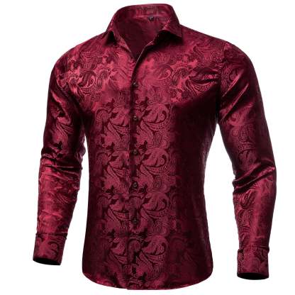 Men's Luxury Design Dark Red Paisley Long Sleeve  Shirt