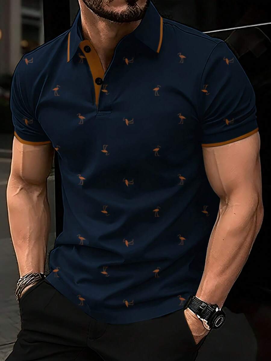 Men's Bird Print Contrast  Short Sleeve Polo Shirt