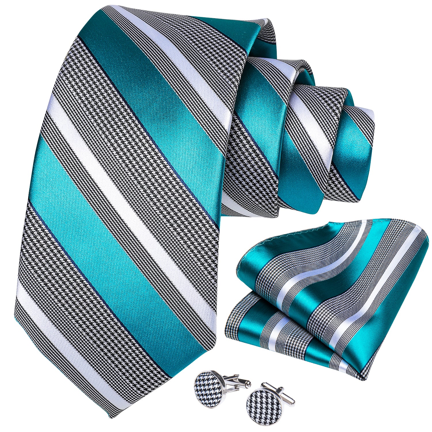 Men's Formal Work Tie Grey Yellow Striped Tie Pocket Square Cufflinks Set