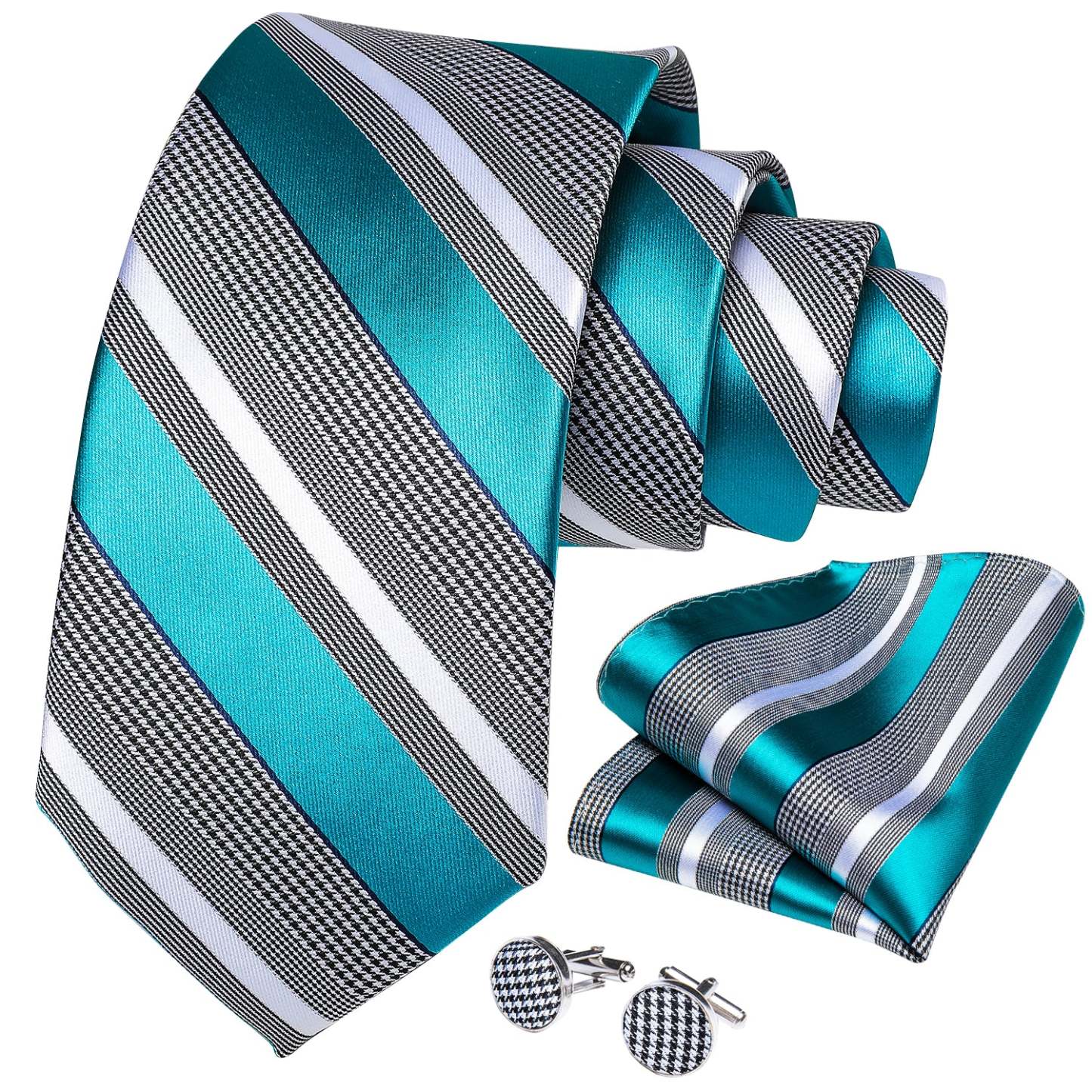 Men's Formal Work Tie Grey Yellow Striped Tie Pocket Square Cufflinks Set