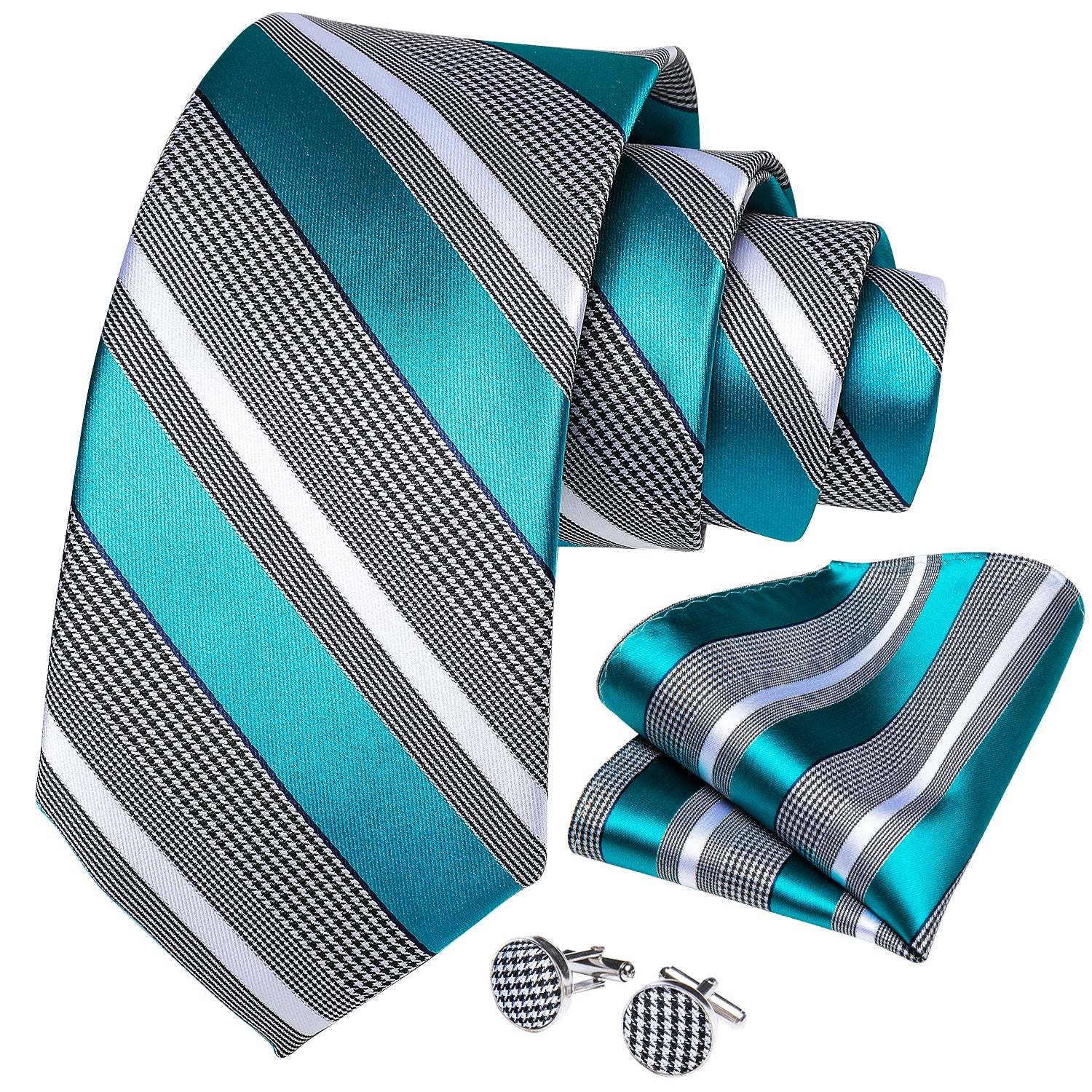 Men's Formal Work Tie Grey Yellow Striped Tie Pocket Square Cufflinks Set