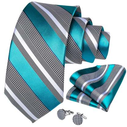 Men's Formal Work Tie Grey Yellow Striped Tie Pocket Square Cufflinks Set